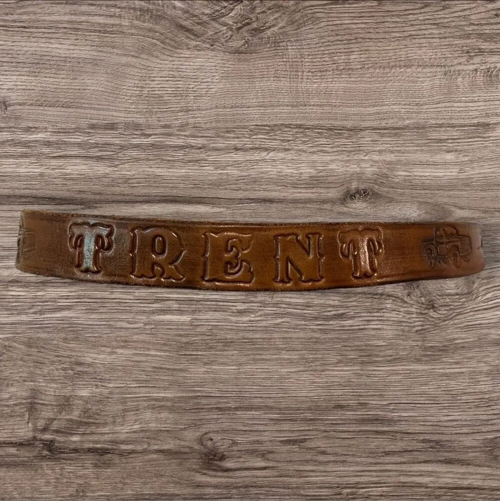 Trent Brown Leather Belt Embossed Name & Trucks Brass Tone Buckle